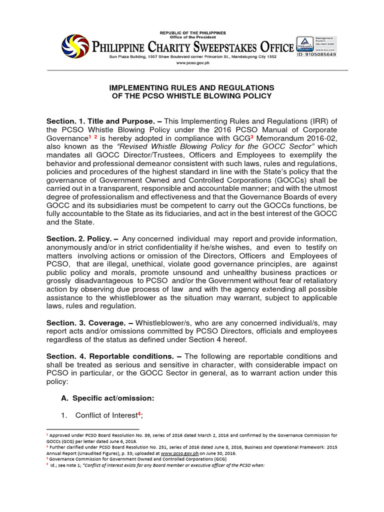 Irr Pcso Whistle Blowing Policy Pdf