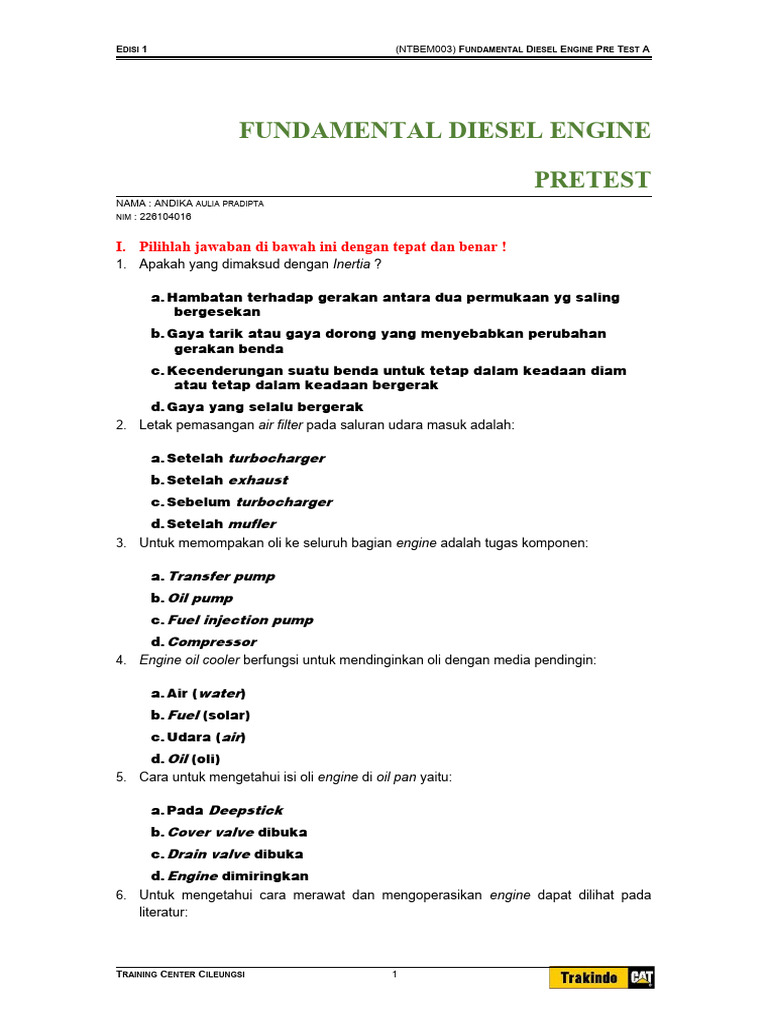 Pre Test Fundamental Enggine | PDF