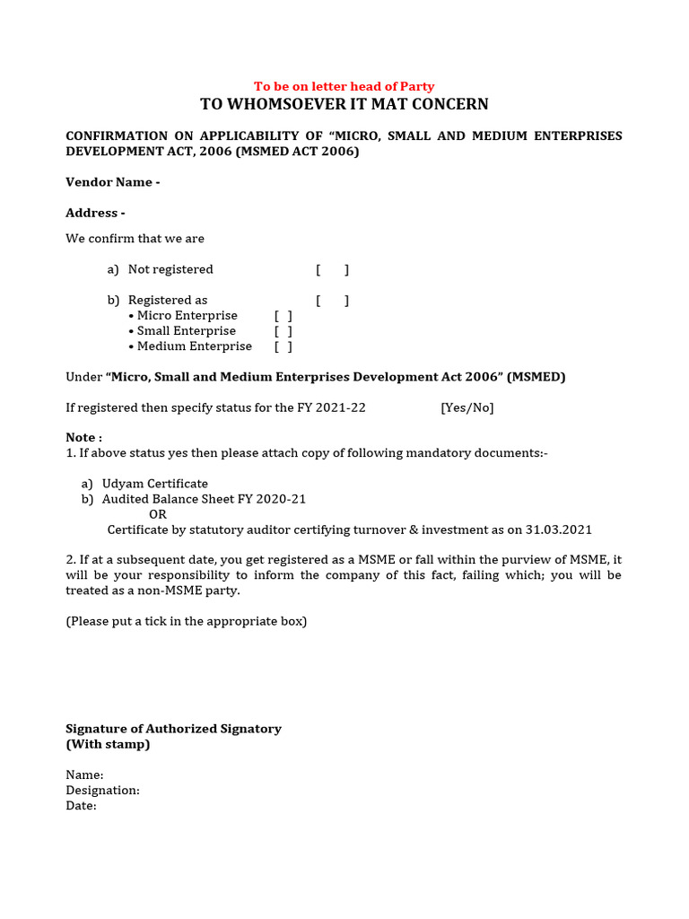 MSME Confirmation Letter Template | PDF | Finance & Money Management