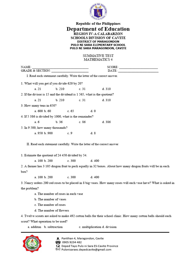 Summative-Test_Week 6 & 7 | PDF | Division (Mathematics) | Arithmetic