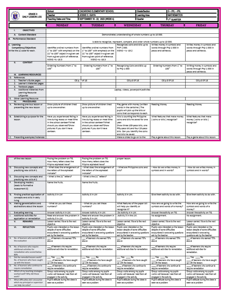 Grade 3 Math Lesson Plan: Week 4 | PDF | Human Communication ...