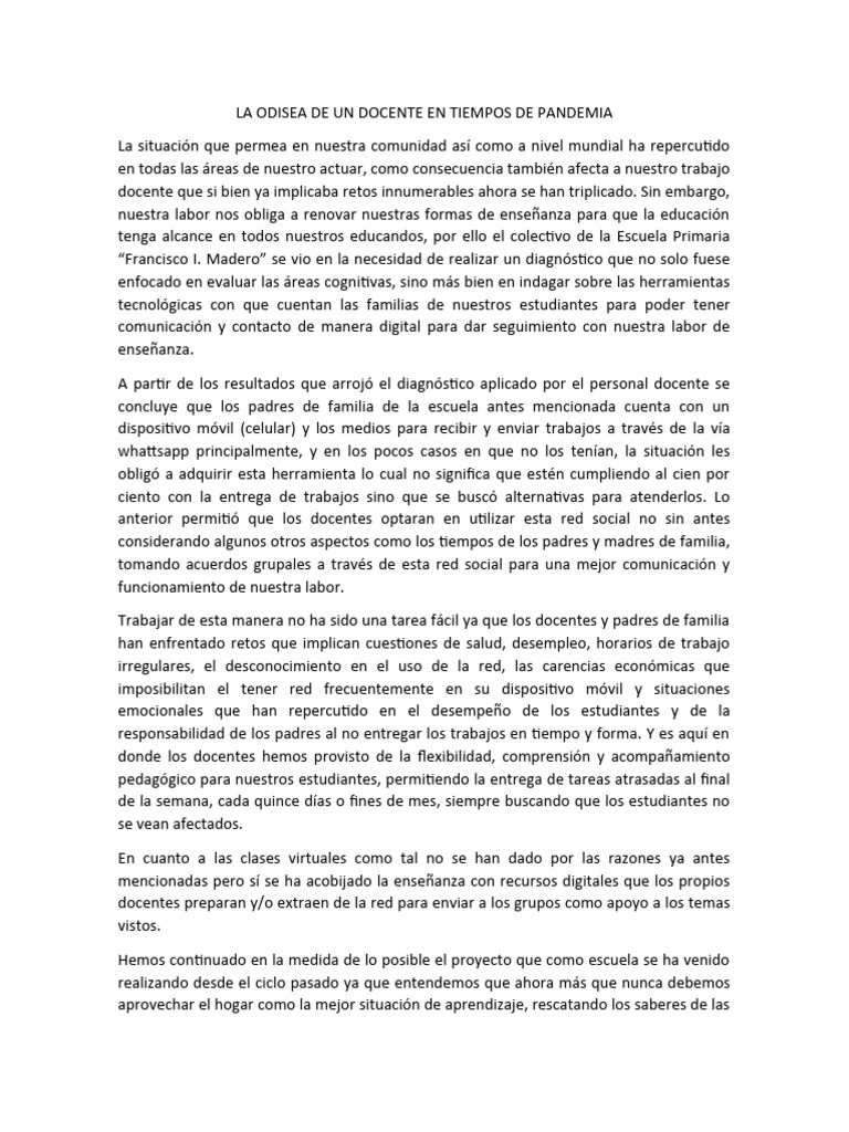 La Odisea de Un Docente en Tiempos de Pandemia | PDF | Enseñando | Maestros
