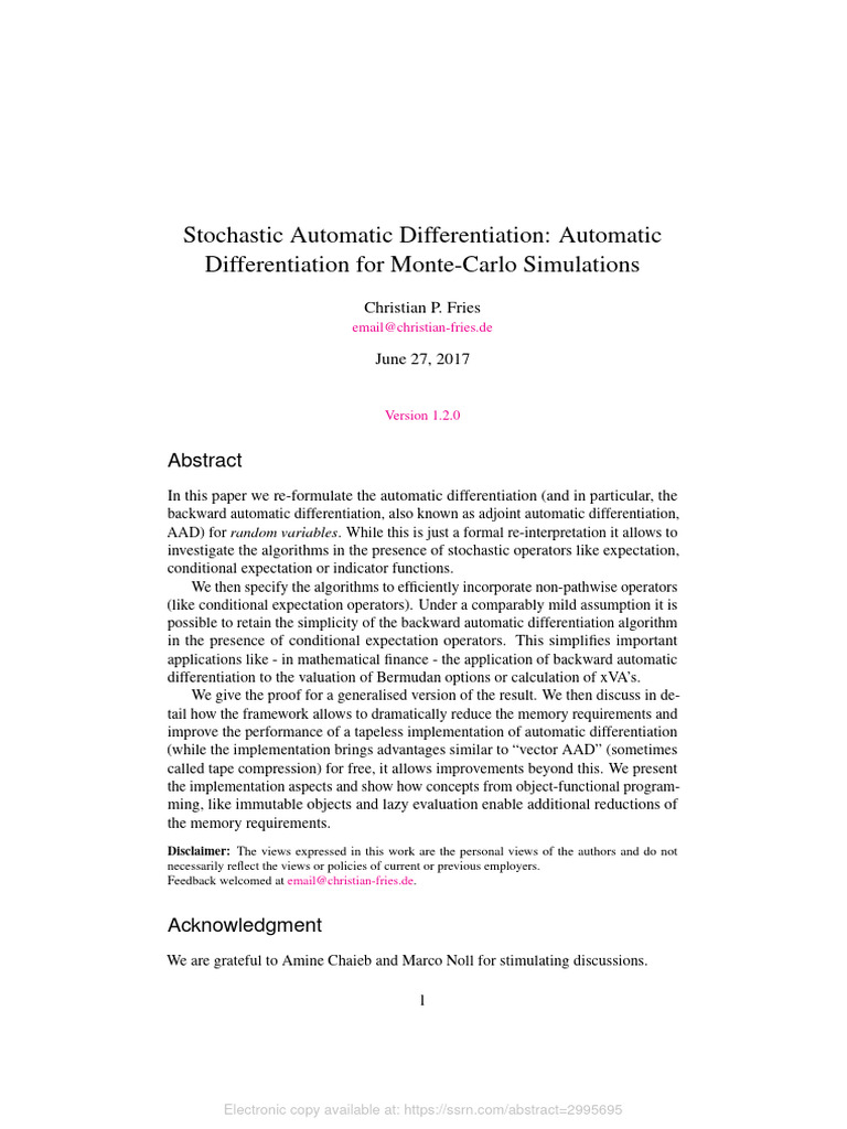 Stochastic Automatic Differentiation Techniques | PDF