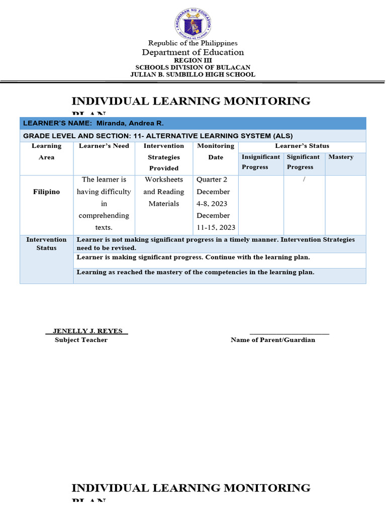 Individual Learning Monitoring Plan ALS | PDF