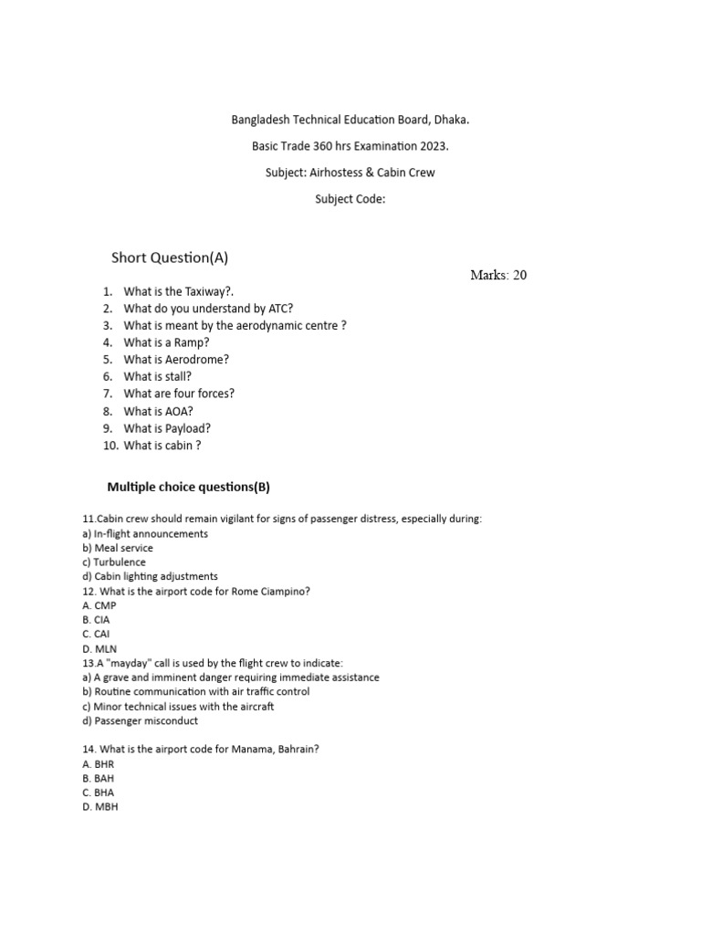 Airhostess & Cabin Crew Exam Questions | PDF | Flight Attendant | Airport