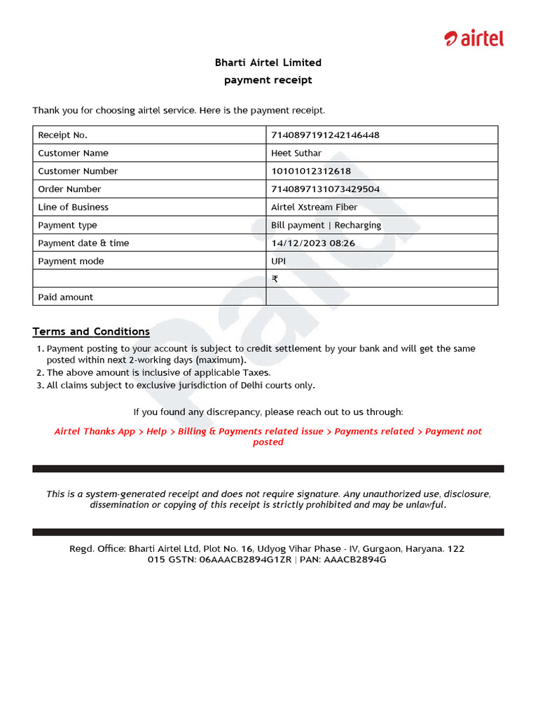 Airtel Wifi Bill | PDF