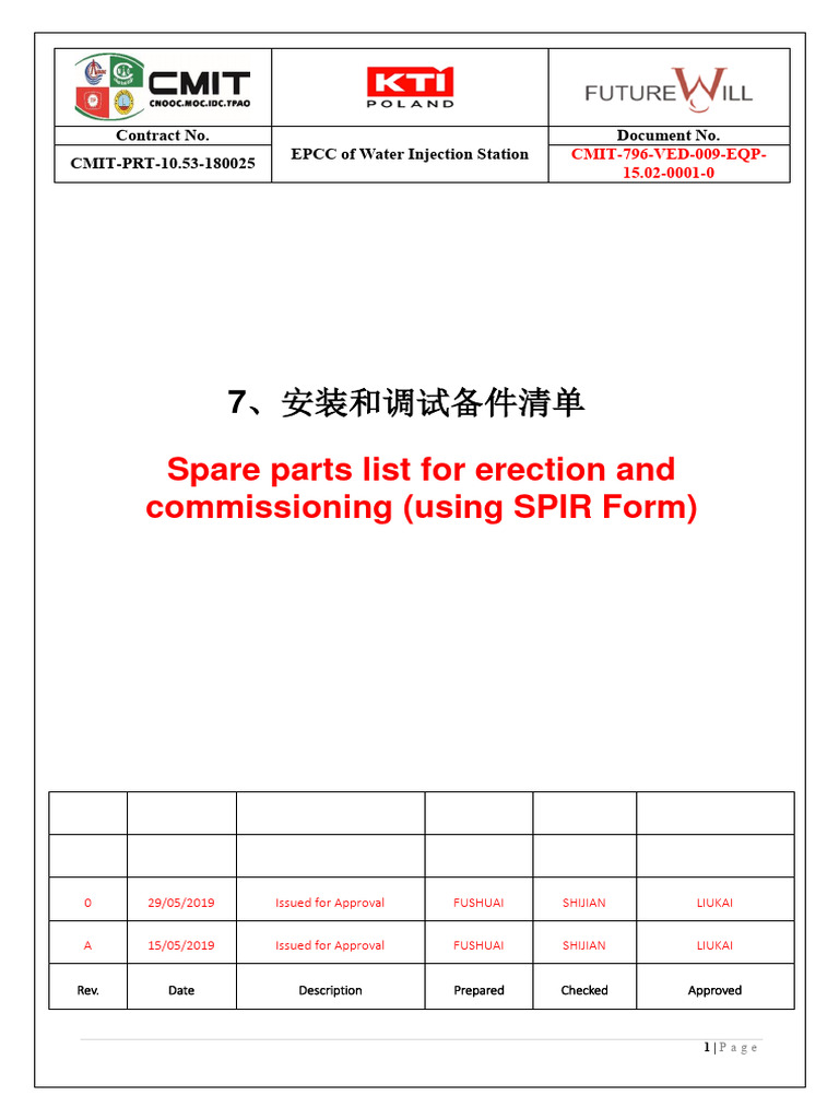 Erection and Commissioning Spare Parts List | PDF