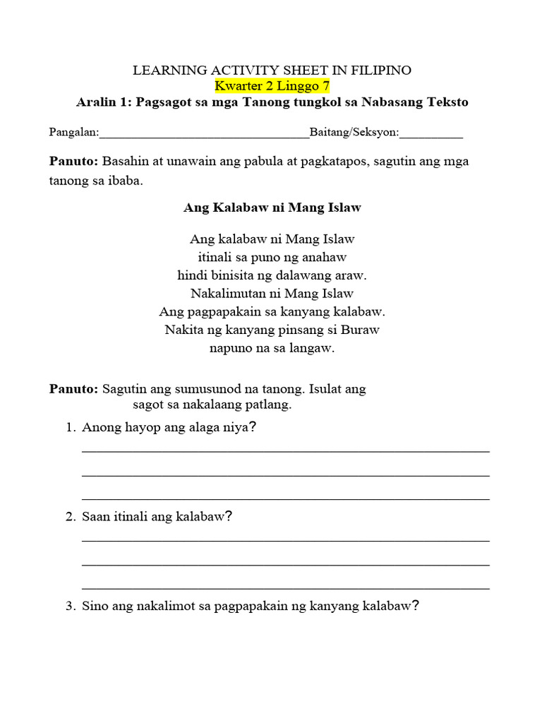 Las in Filipino Q2 Week 7 8 | PDF