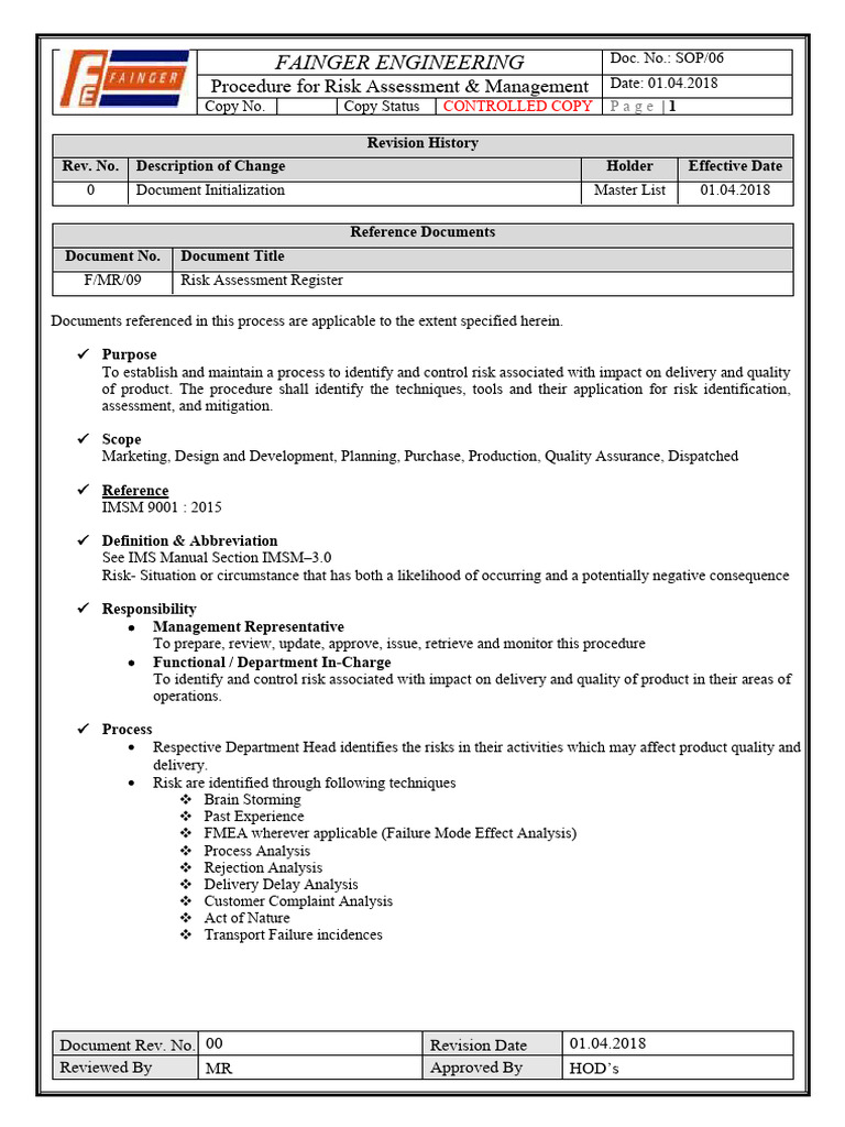 Risk Assessment & Management SOP | PDF | Business