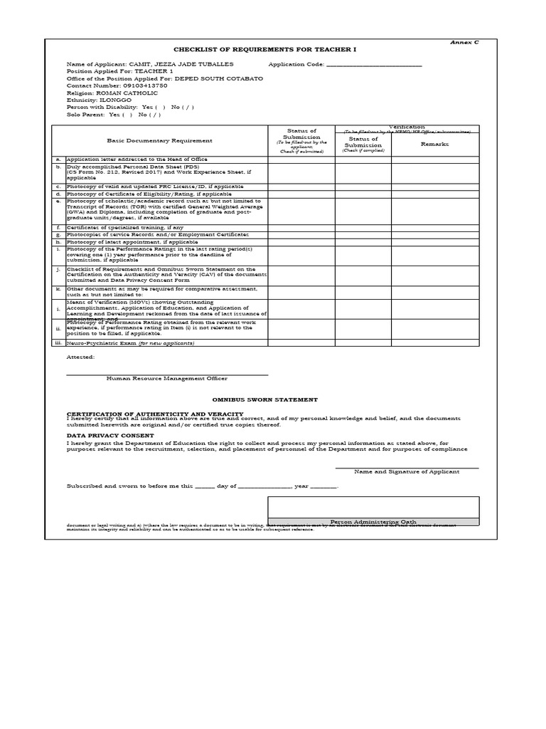 Annex c checklist of requirements and omnibus sworn statement for