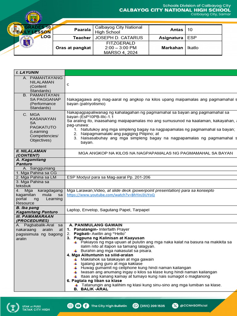 Daily Lesson Plan in EsP | PDF