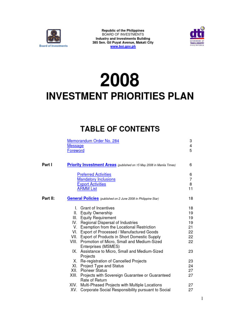 2008 Investment Priorities Plan PDF Textiles Small And Medium