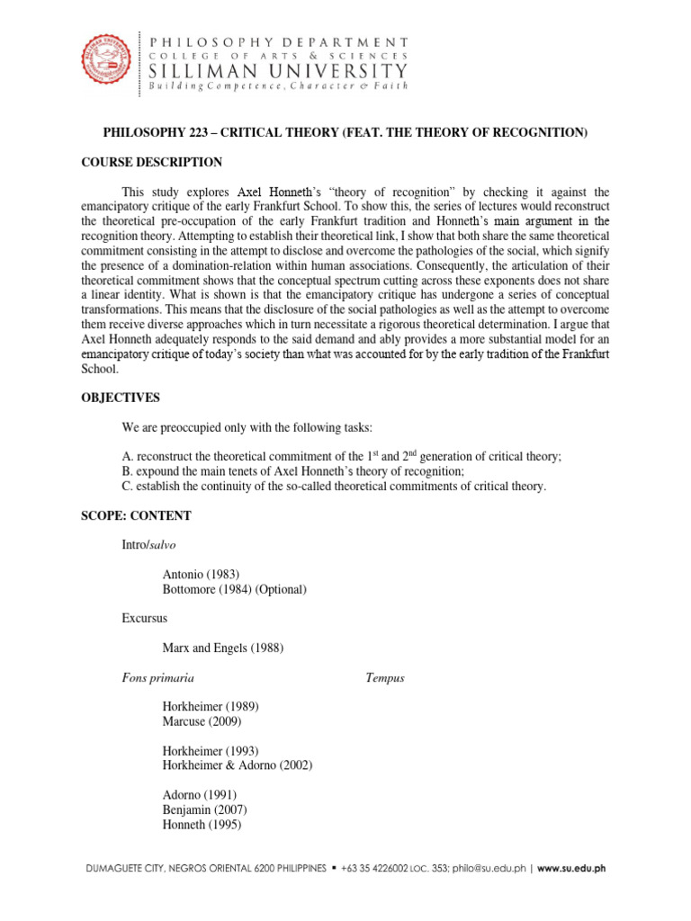 Syllabus Critical Theory PDF Frankfurt School Theodor W. Adorno