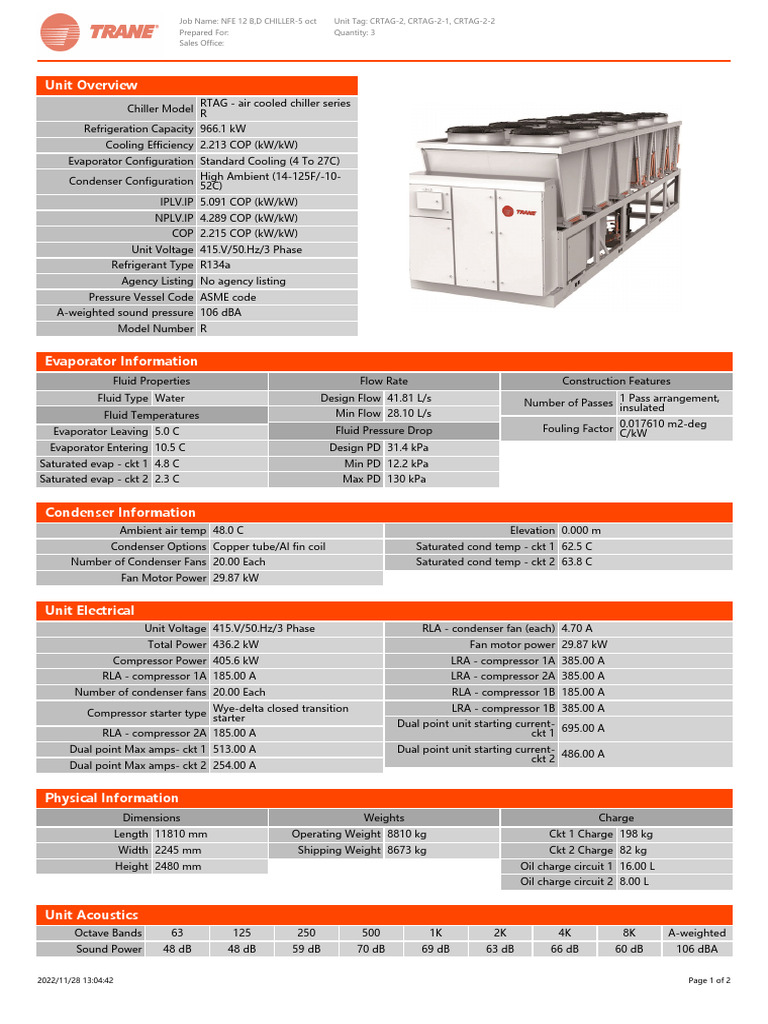 Trane RTAG Air Cooled Chiller Specs | PDF | Heat Exchanger | Energy ...