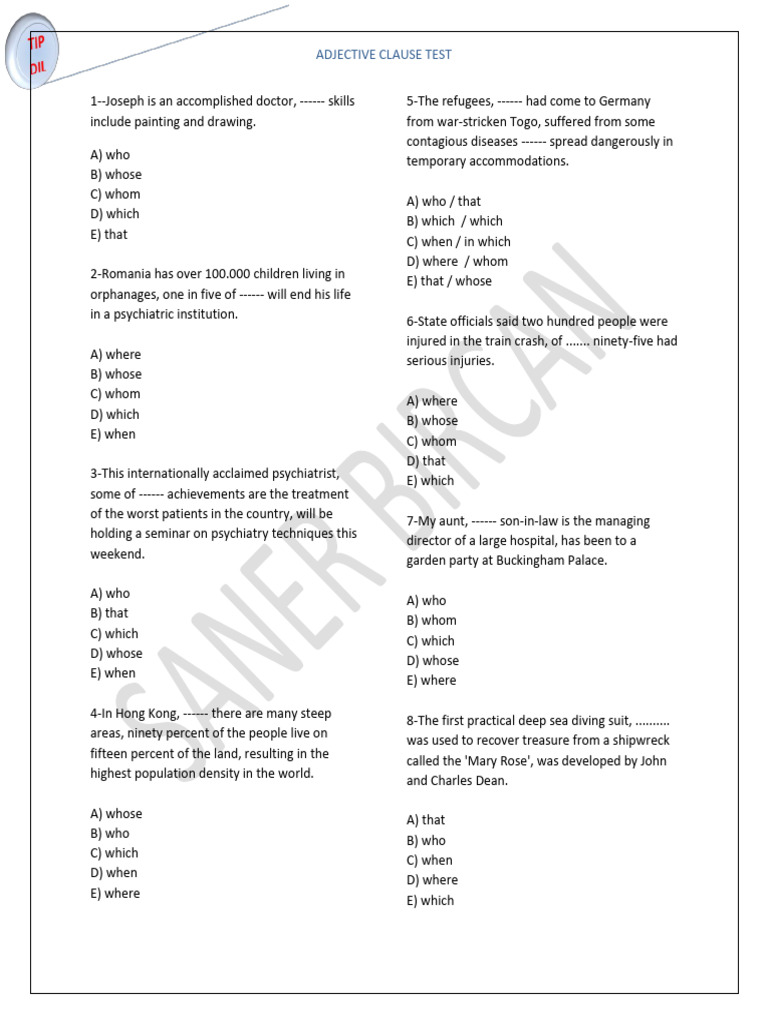 Adjective Clause Test and Answers | PDF | Psychiatry | Medicine