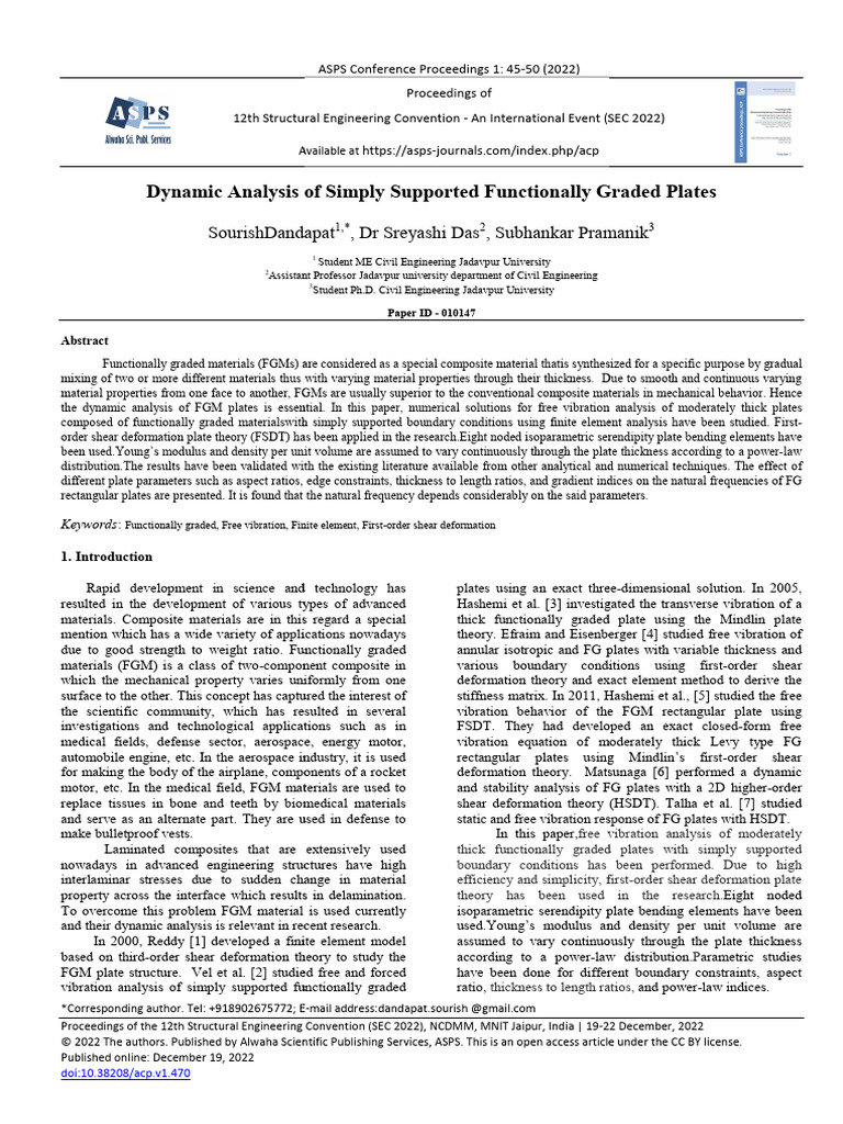 Dynamic Analysis of Simply Supported Functionally Graded Plates 470 ...