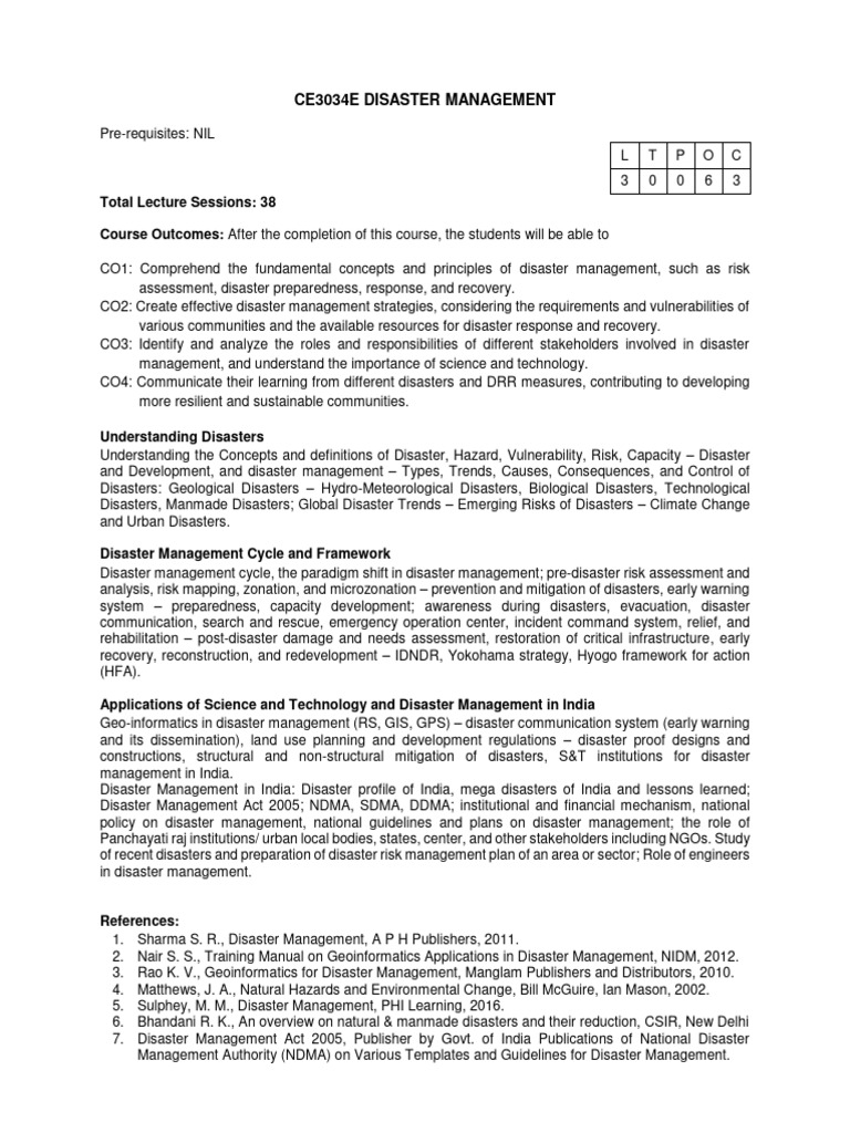 Ce3034e Disaster Management Syllabus New Pdf Emergency