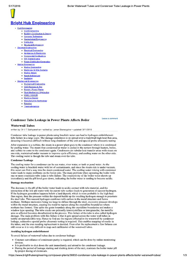 Boiler Waterwall Tubes and Condenser Tube Leakage in Power Plants PDF