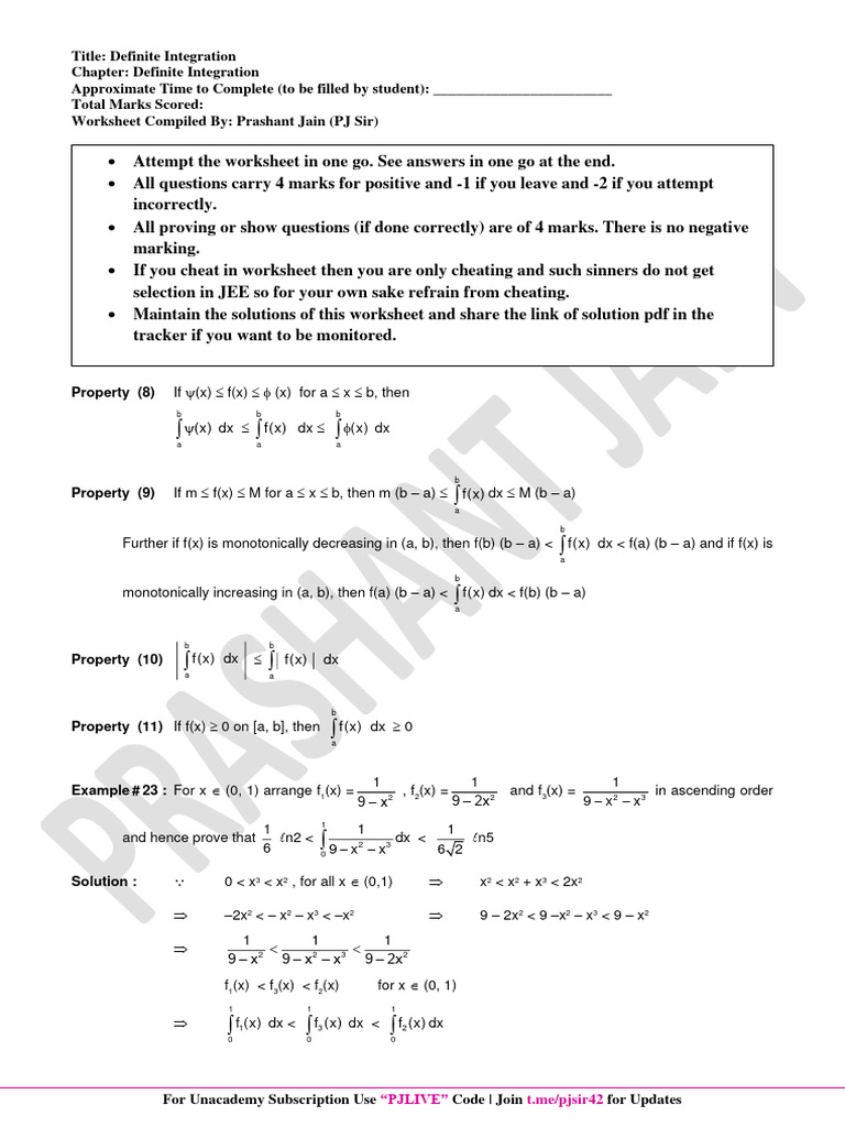 Worksheet-72 Definite Integration I 1673292906619 | PDF | Mathematical ...