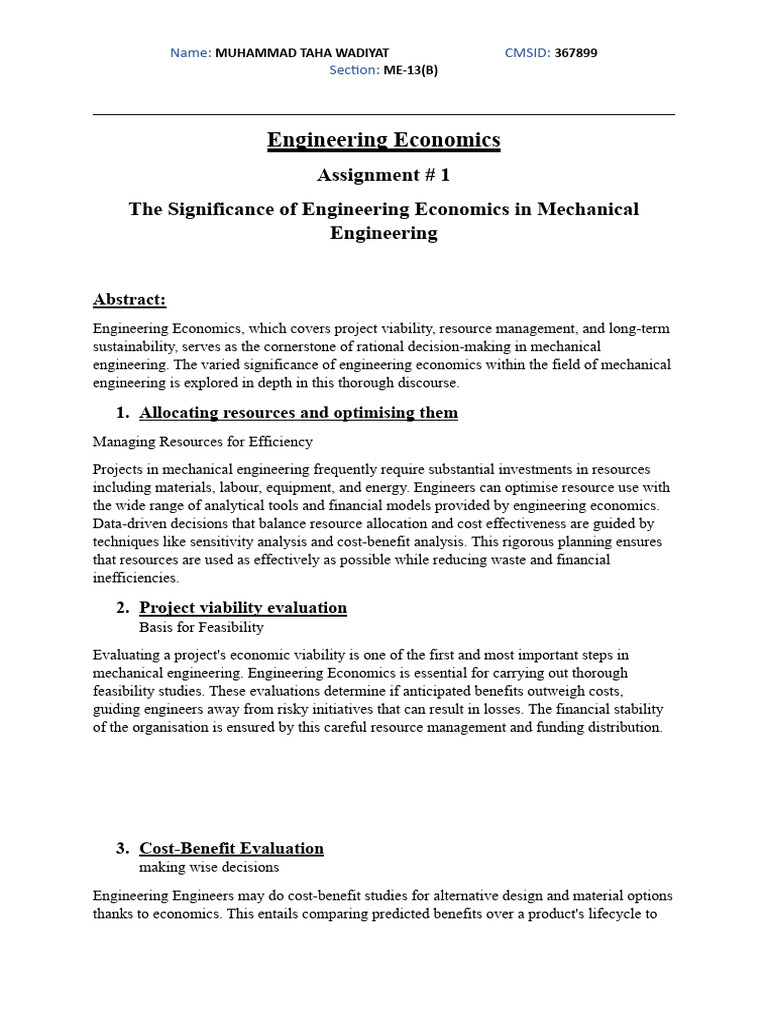 Engineering Economics Assignment 1 Taha Pdf