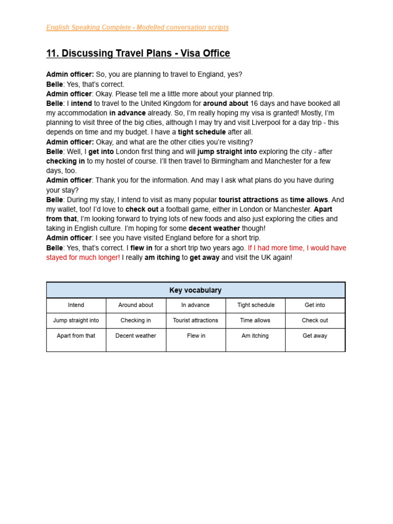 Travel Plans Visa Conversation Script | PDF