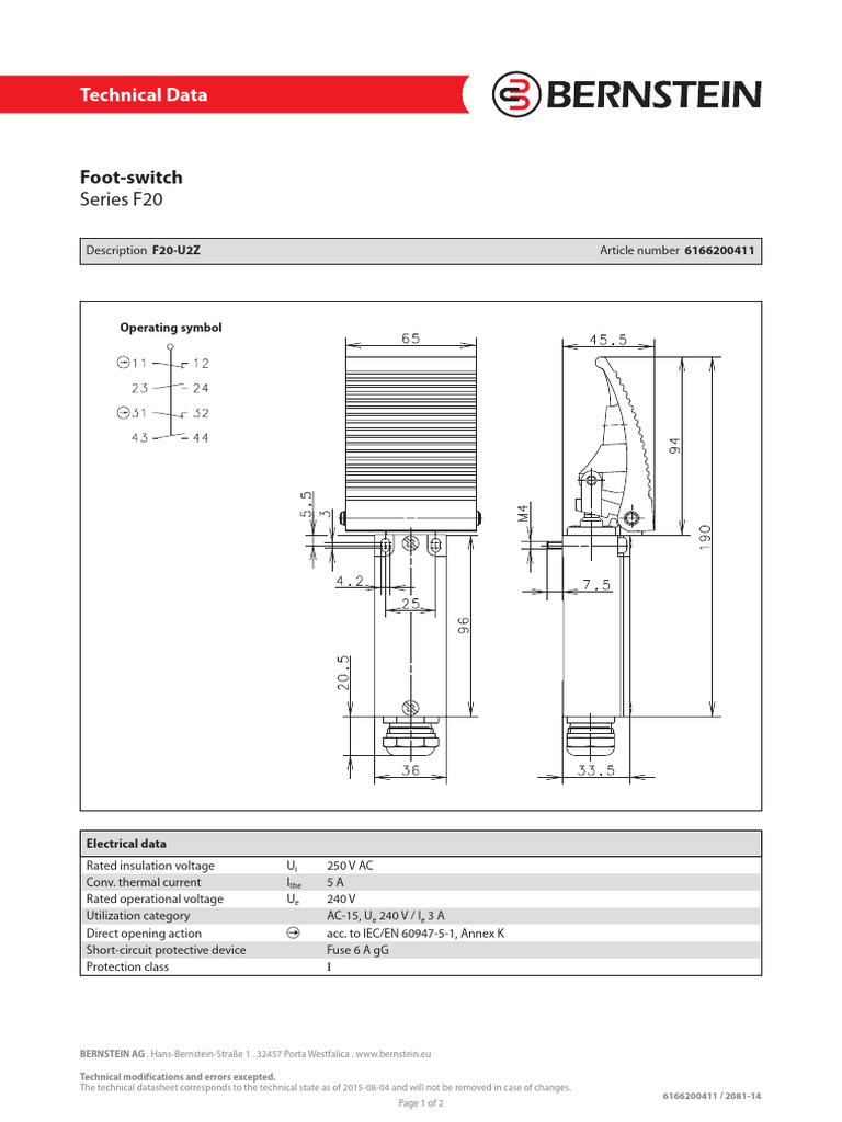 Foot-Switch: Series F20 | PDF | Fuse (Electrical) | Electrical Engineering