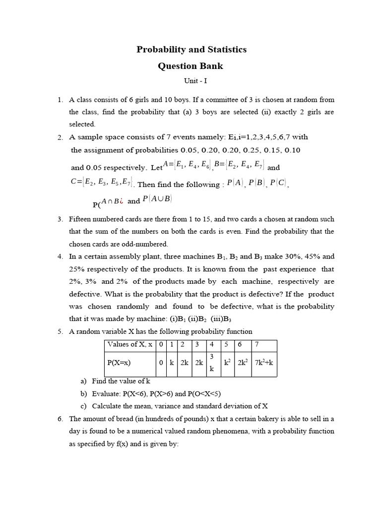 Probability and Statistics Question Bank | PDF | Statistics ...