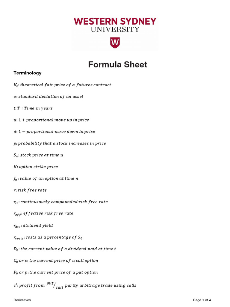 Financial Derivatives Formula Sheet | PDF | Option (Finance ...