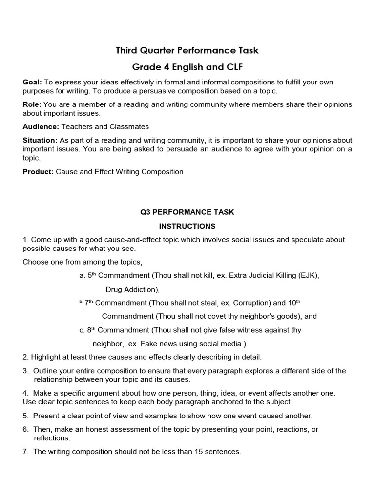 Grade 4 Cause and Effect Writing Task | PDF | Ten Commandments | Paragraph