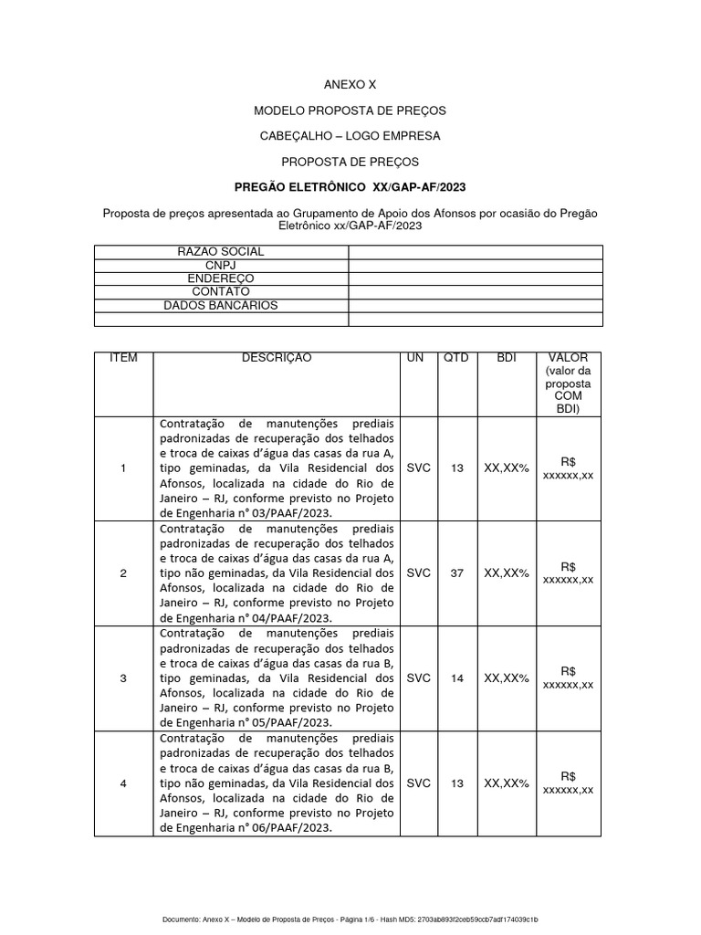 27.anexo X - Modelo de Proposta de Preços | PDF