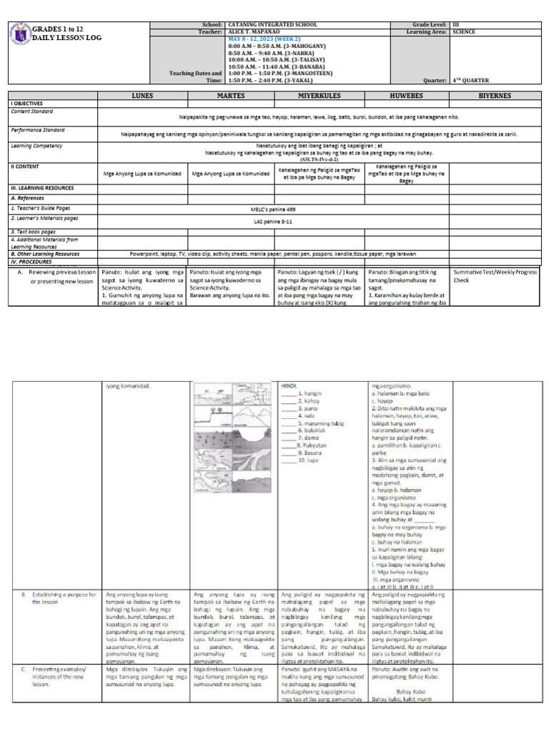 DLL - Science 3 - Q4 - W2 | PDF