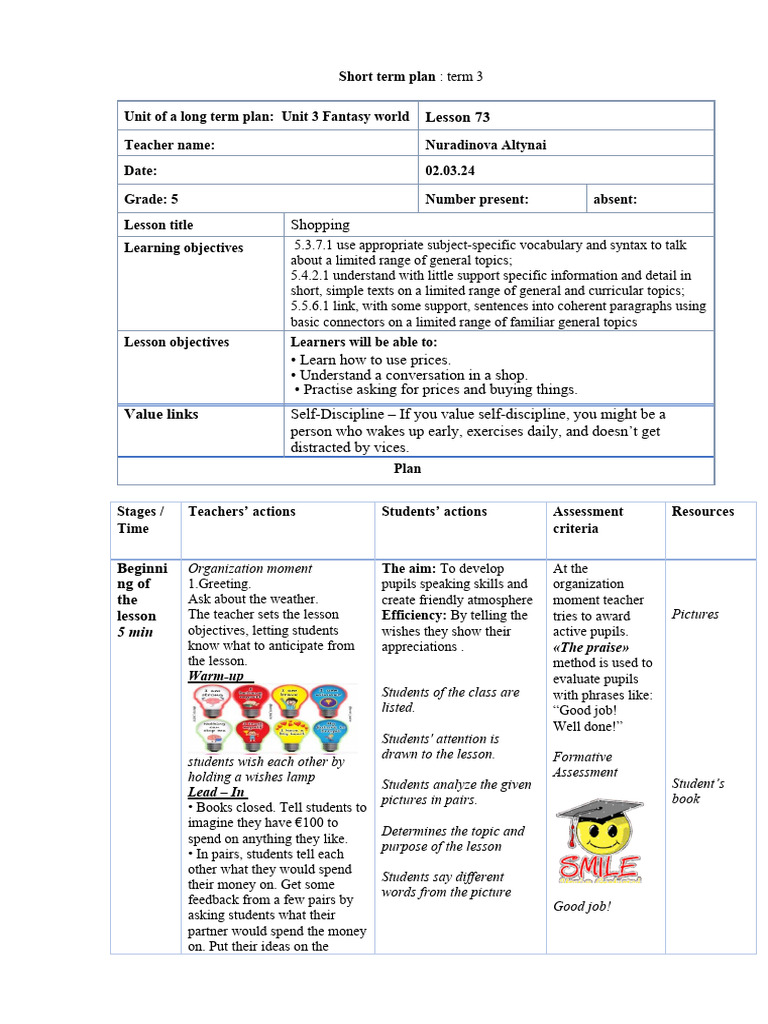 Grade 5 Shopping Lesson Plan | PDF | Learning | Cognitive Science