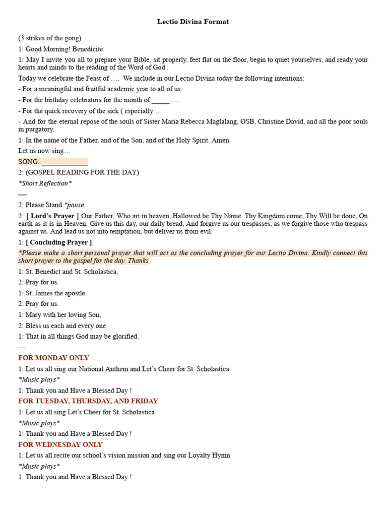 Lectio Divina Prayer Format | PDF | Lord's Prayer | Christian Worship ...