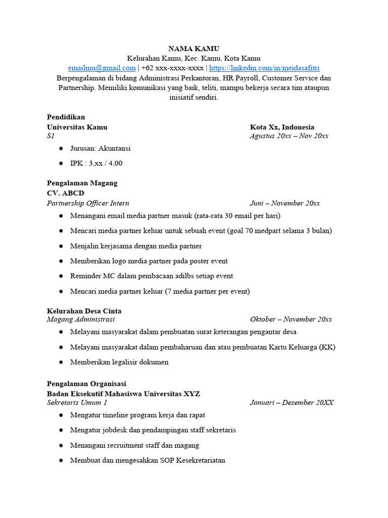 (Template) CV ATS Friendly Bahasa Indonesia | PDF
