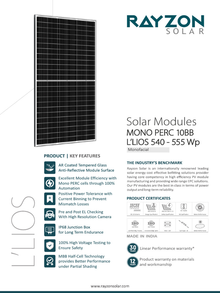 Rayzon 550W Solar Panel Datasheet | PDF | Physical Quantities ...