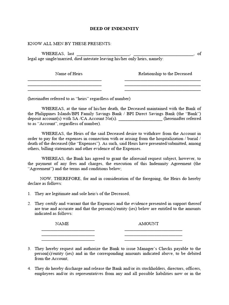 Deed of Indemnity Download Free PDF Banks Cost