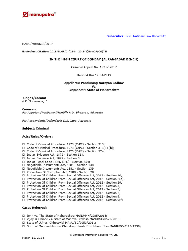 POCSO Act Appeal: Jadhav v. State of Maharashtra | PDF | Prosecutor ...