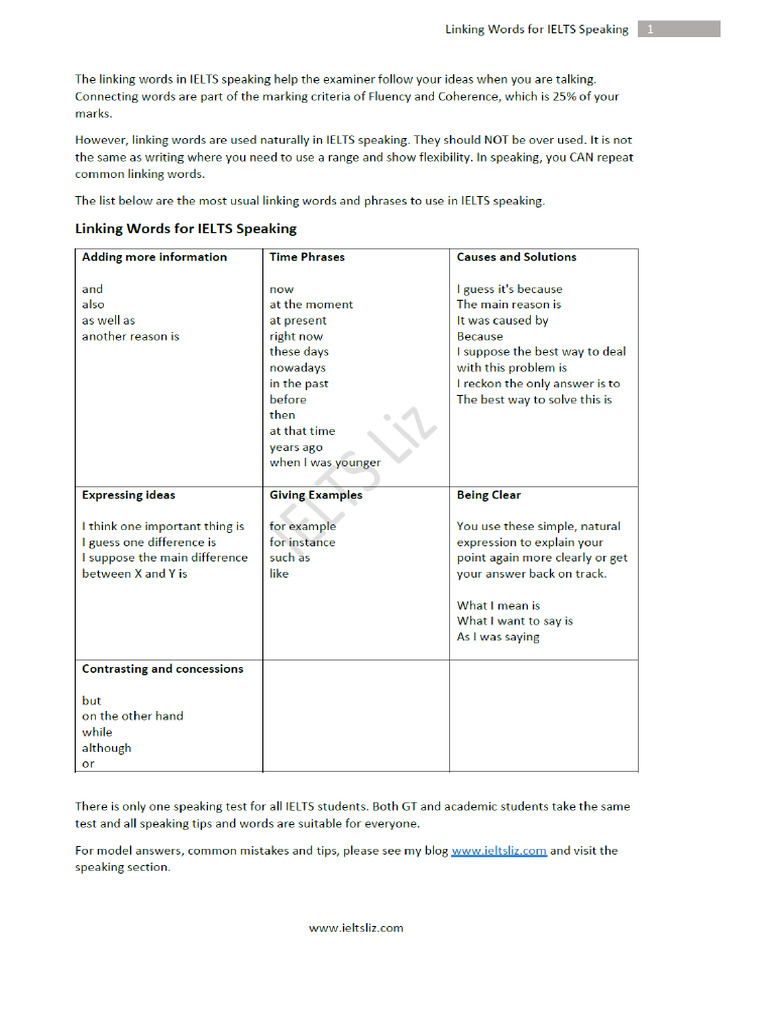 Linking Words For Ielts Speaking 1 Pdf