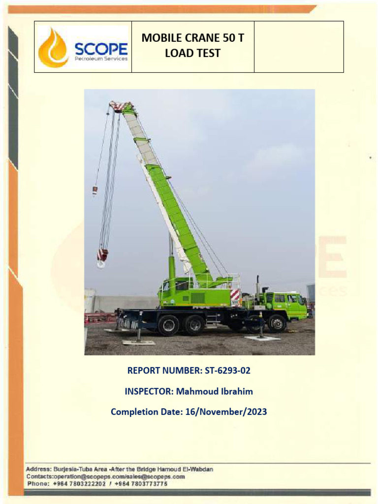 50 Ton Mobile Crane Load Test Report | PDF | Calibration | Crane (Machine)