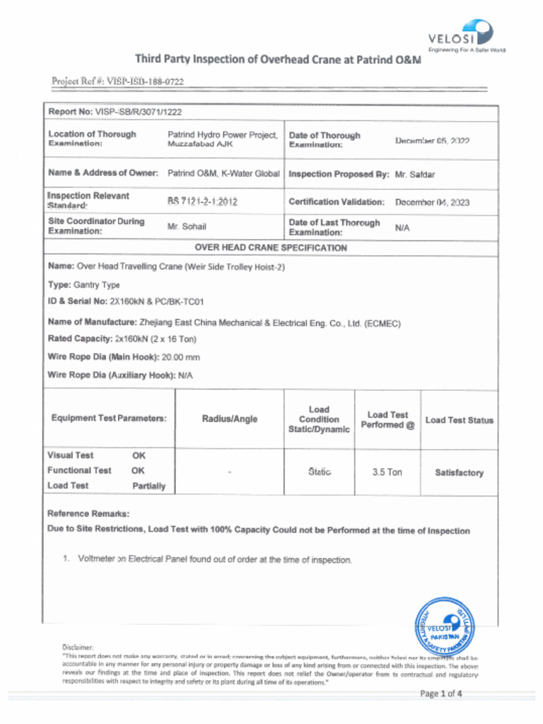 Inspection of Overhead Crane | PDF