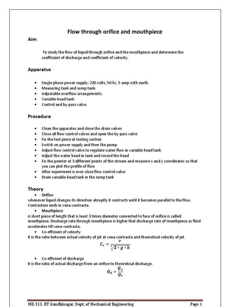 Flow Through Orifice and Mouthpiece Discharge (Hydrology) Liquids