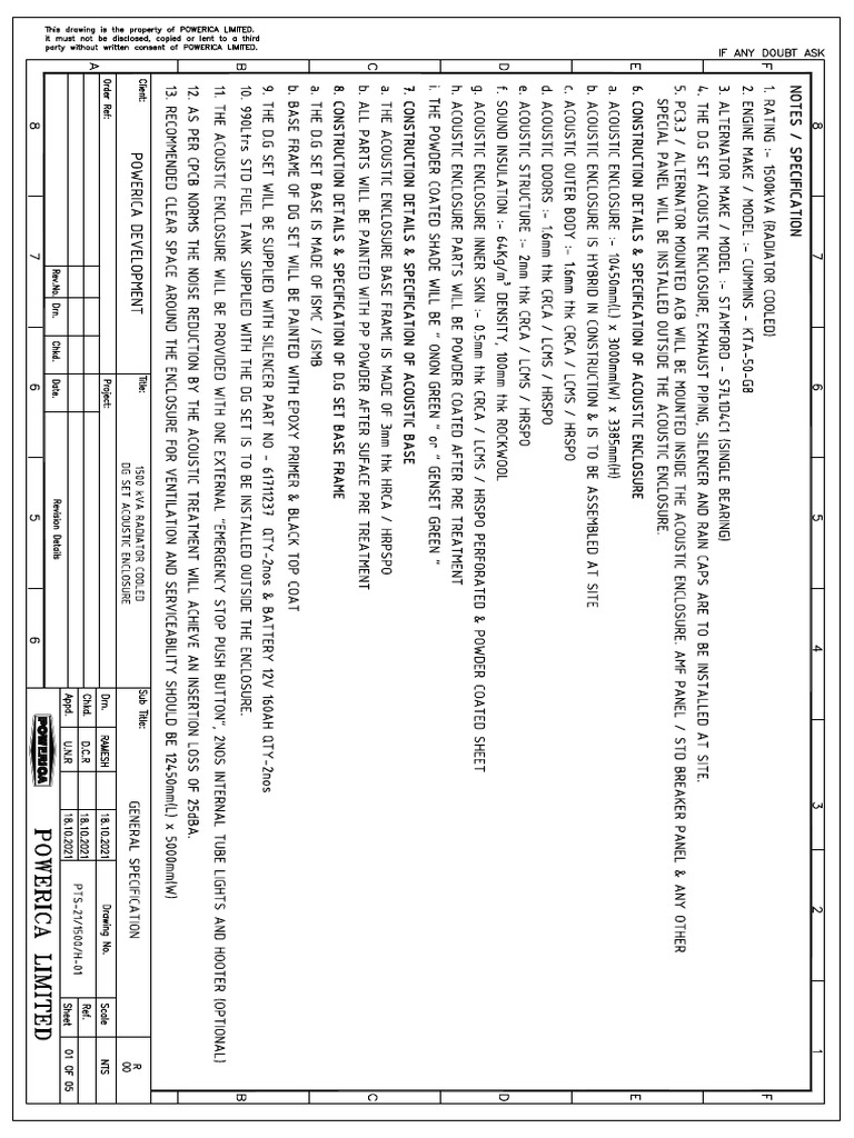 1500 Kva Radiator Cooled DG Set Acoustic Enclosure Ga (18.10.2021) | PDF