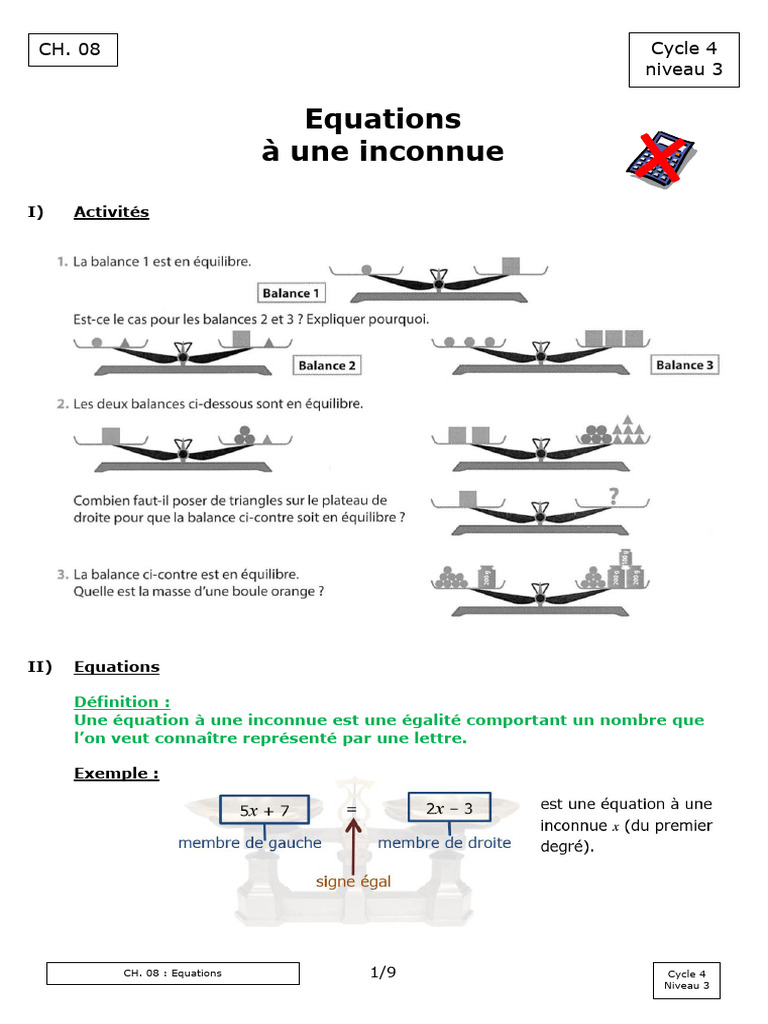 Équations à une inconnue : Méthodes et Exemples | PDF | Équations ...
