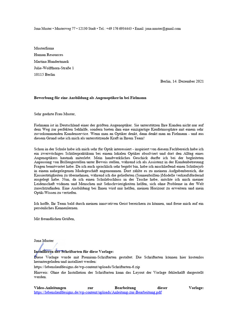 Augenoptiker Bewerbungsschreiben Motivationsansatz