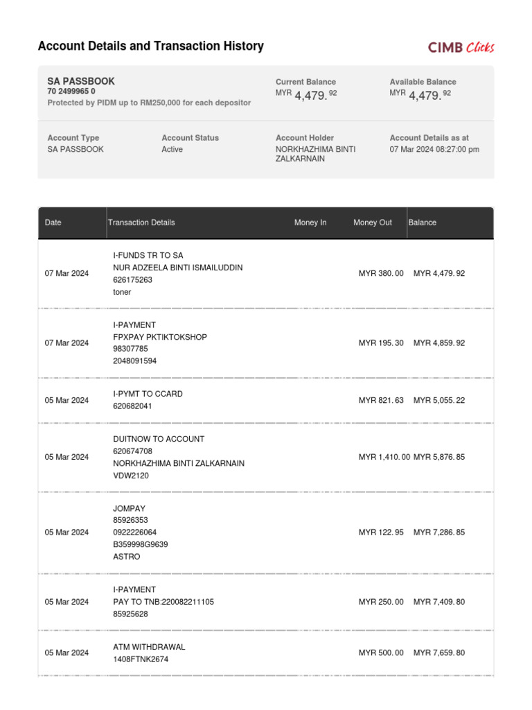 Account Details and Transaction History: Sa Passbook | PDF | Banking ...