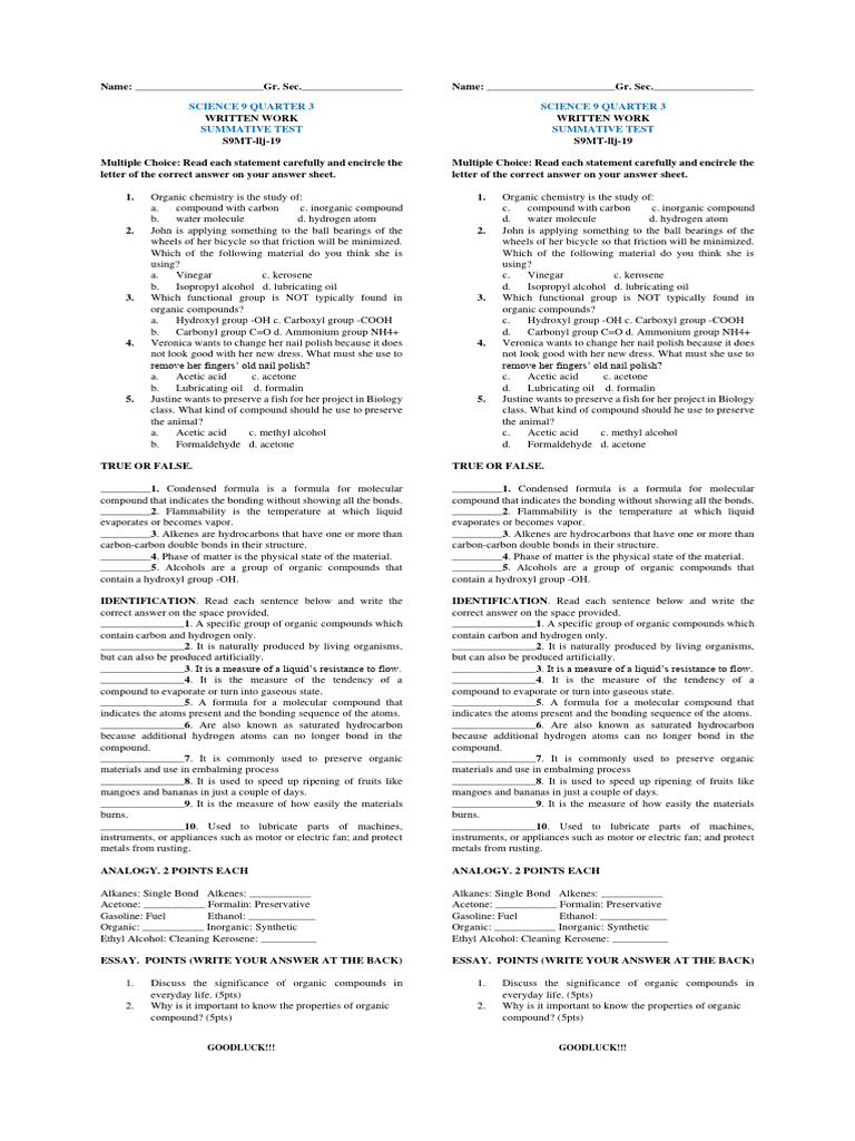 Science 9 Quarter 3 Summative Test | PDF | Organic Compounds | Ethanol