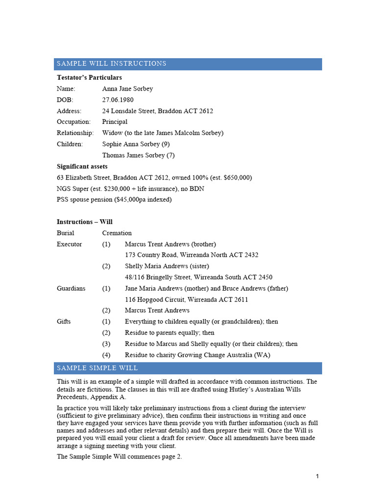 Sample Will Instructions and Simple Will | PDF | Will And Testament | Lease
