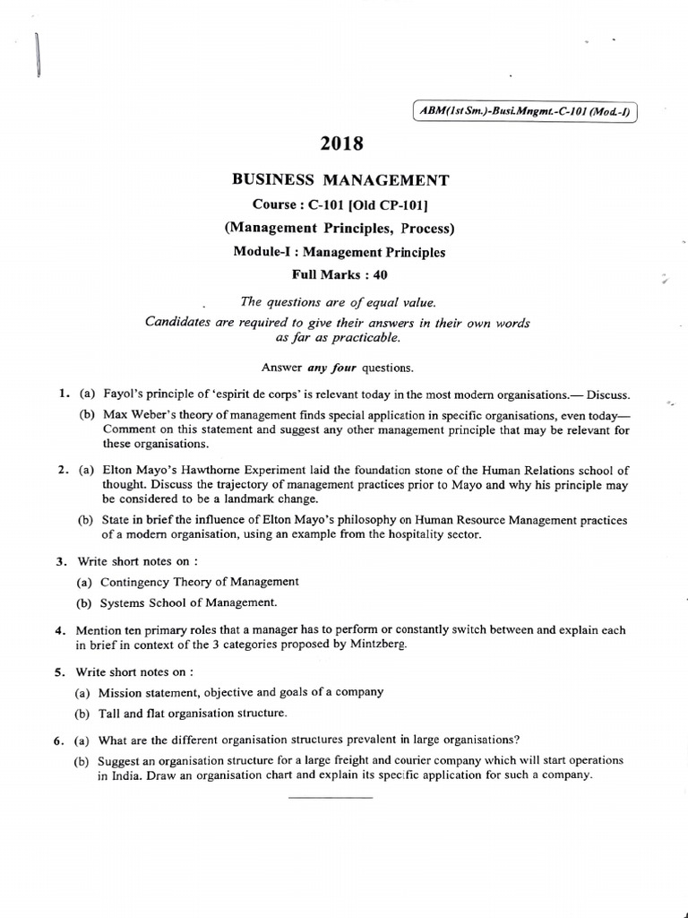 CU MBA Questions 1st Sem 2018 | PDF