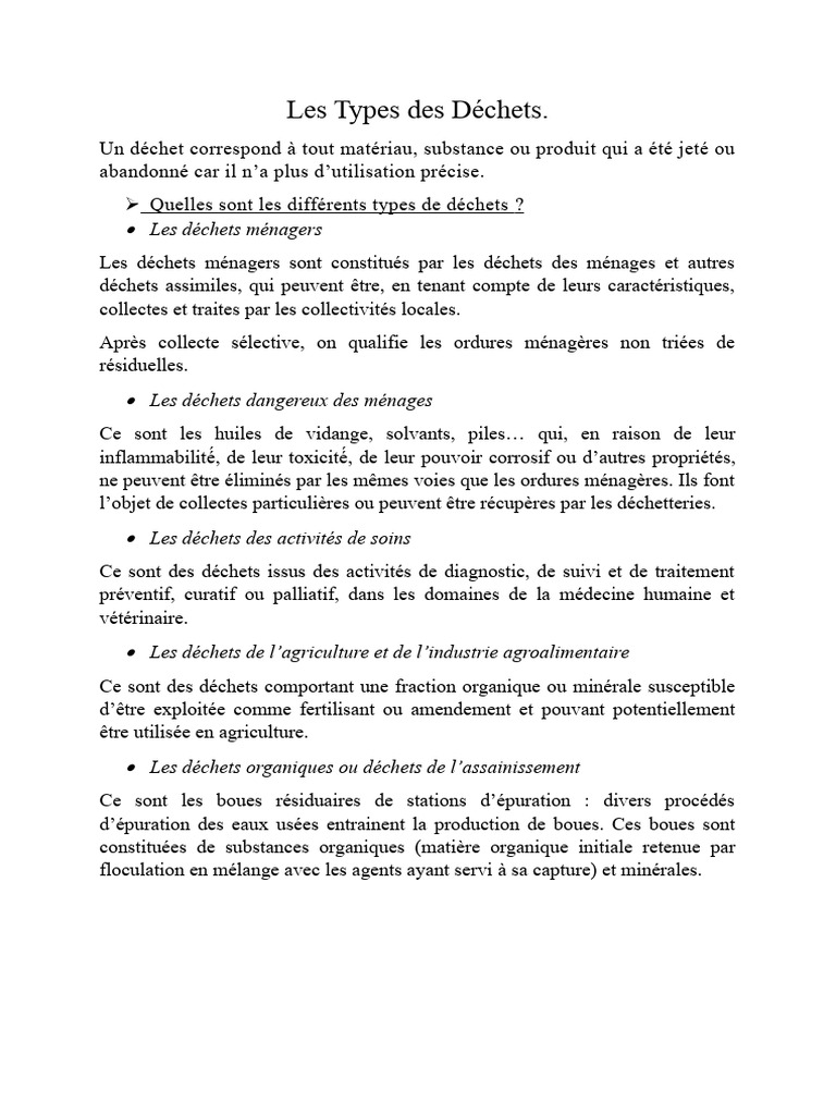 Types de Déchets et Leur Gestion | PDF | Gestion des déchets | Déchets