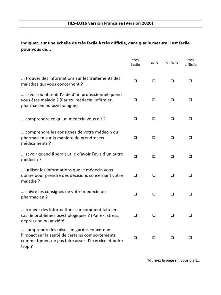 Questionnaire sur le syndrome HLS-EU16 | PDF | Médecin | Dépression ...